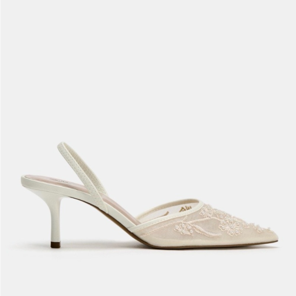 Zara White Embroidered Mesh Slingback Heels